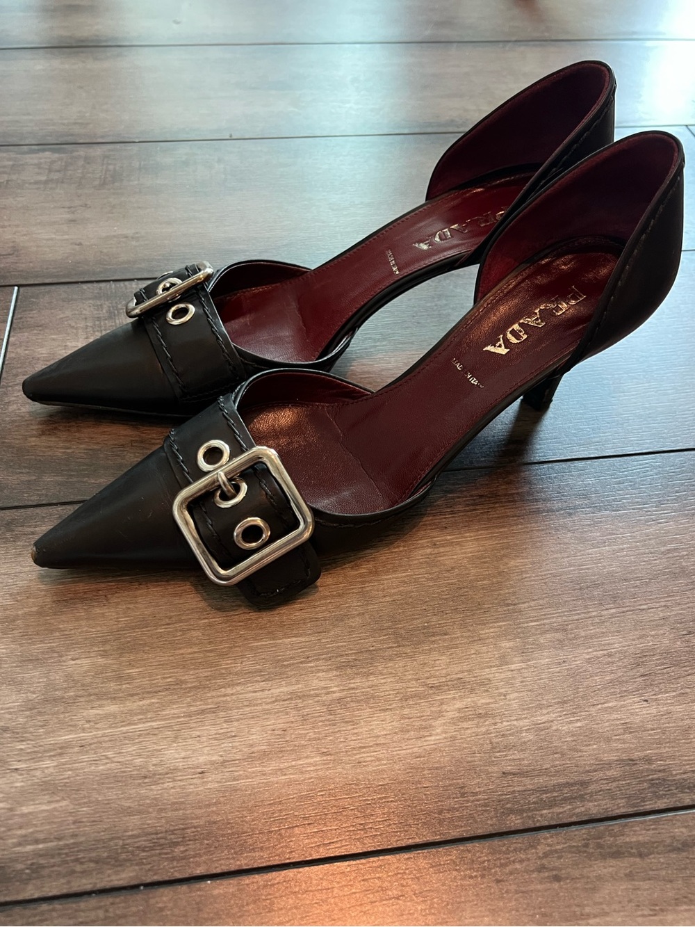 Vintage PRADA Black Leather Buckle D'Orsay Pumps Pointed Toe Kitten Heel 36